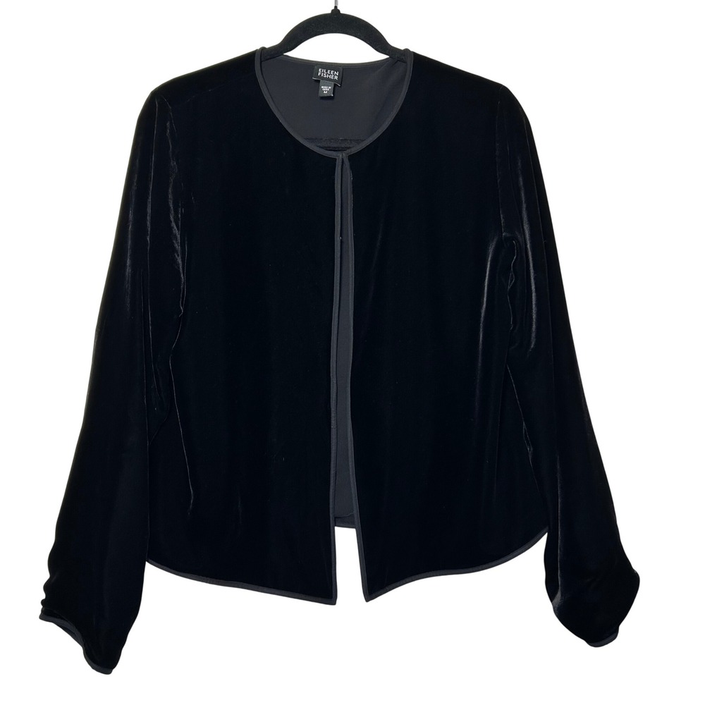 Eileen Fisher Black Velvet Silk Rayon Open Front Jacket Blazer‎ Medium